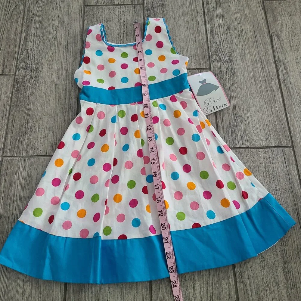 Rare Editions NWT Girls white and blue Polka Dot Sleeveless Dress – Size 4